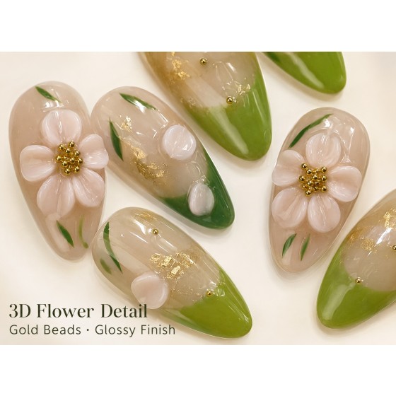 New‑Chinese Style 3D Pink Flower Press‑On Nails, Nude Green French Tips with Gold Foil & Gold Beads, Medium‑Long Almond False Nails